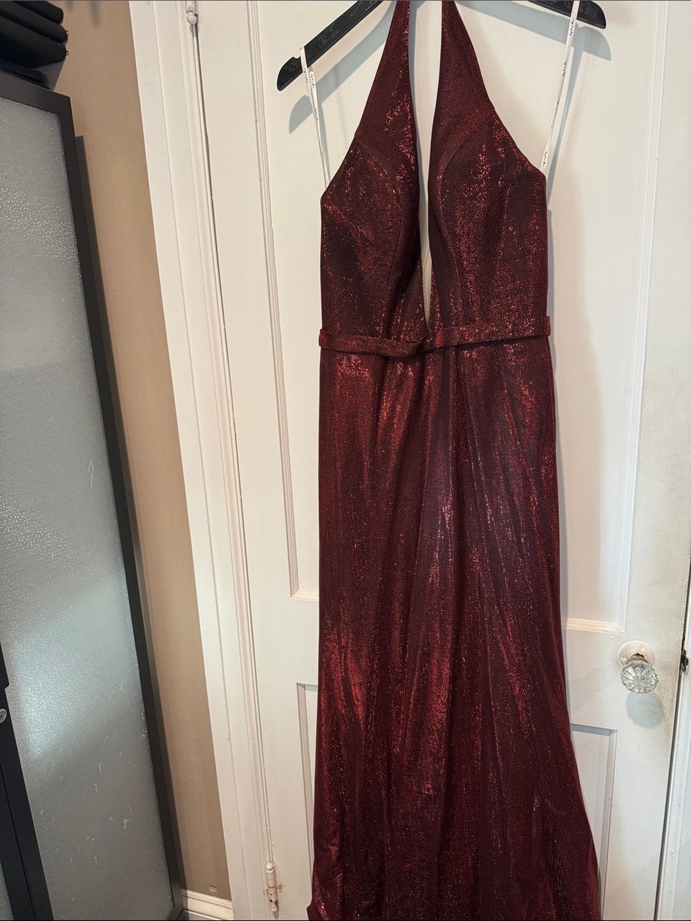 Angela & Alison Metallic Wine Halter Prom Dress
